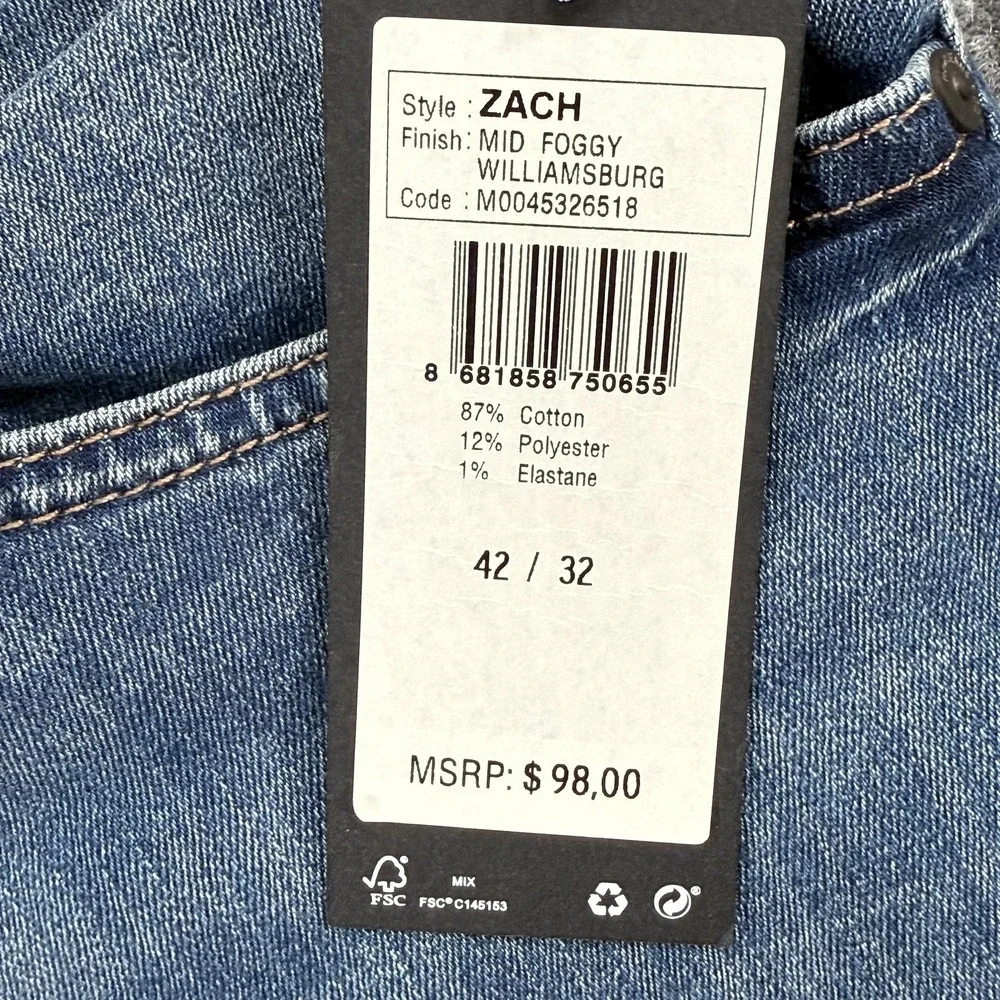 NWT Mavi Zach Jeans Men 42x32 Blue Medium Wash Straight Leg Stretch Denim Casual